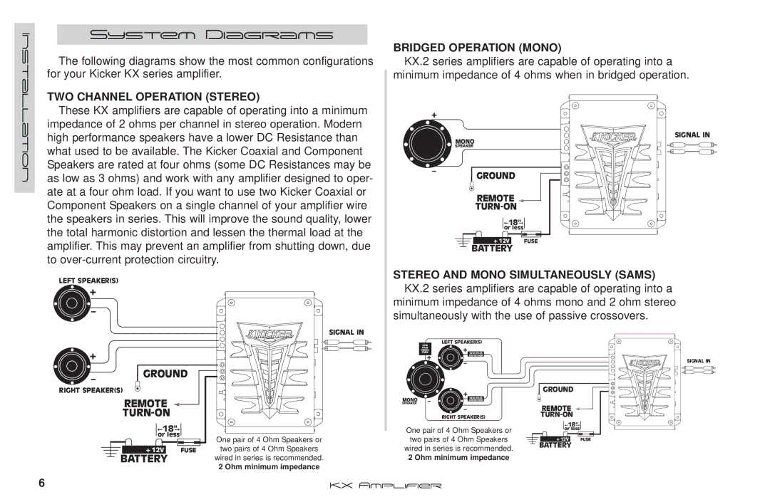 Kicker KX100.2 manual System Diagrams, TWO Channel Operation Stereo 