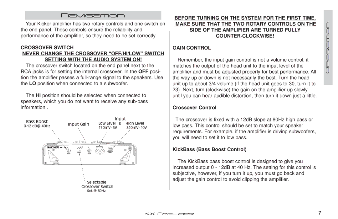 Kicker KX100.2 manual Navigation, Crossover Control, KickBass Bass Boost Control 
