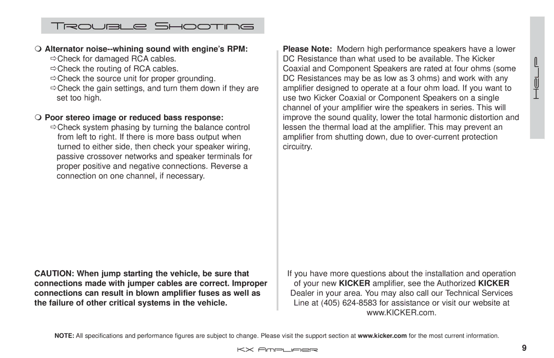 Kicker KX100.2 manual Alternator noise--whining sound with engine’s RPM, Poor stereo image or reduced bass response 