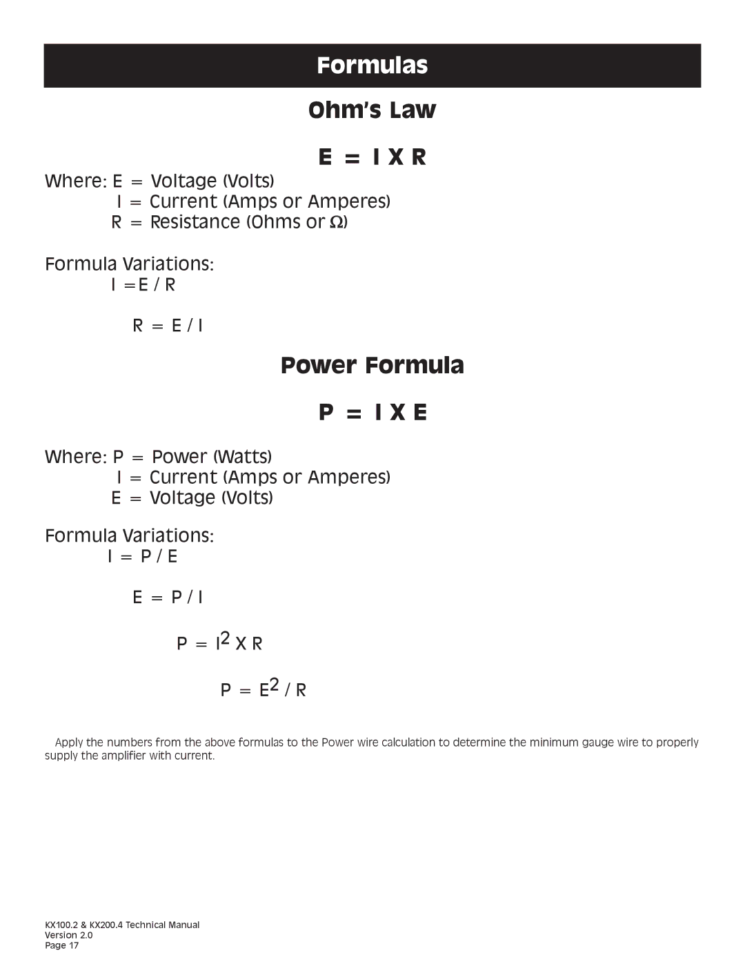 Kicker KX200.4 technical manual Formulas, Ohm’s Law = I X R 