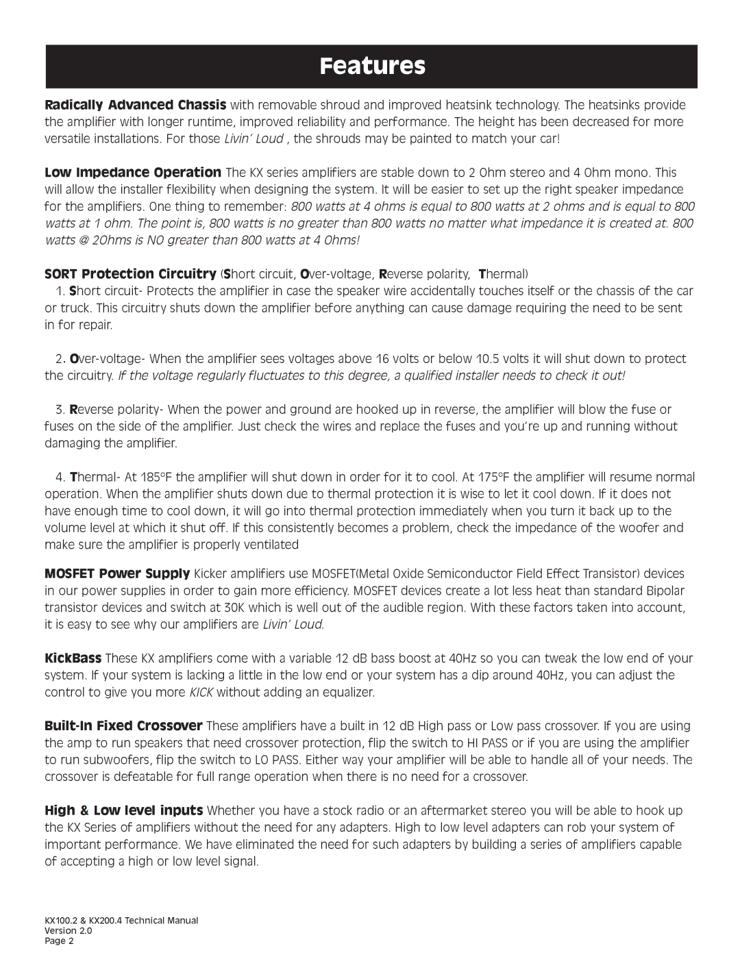 Kicker KX200.4 technical manual Features 