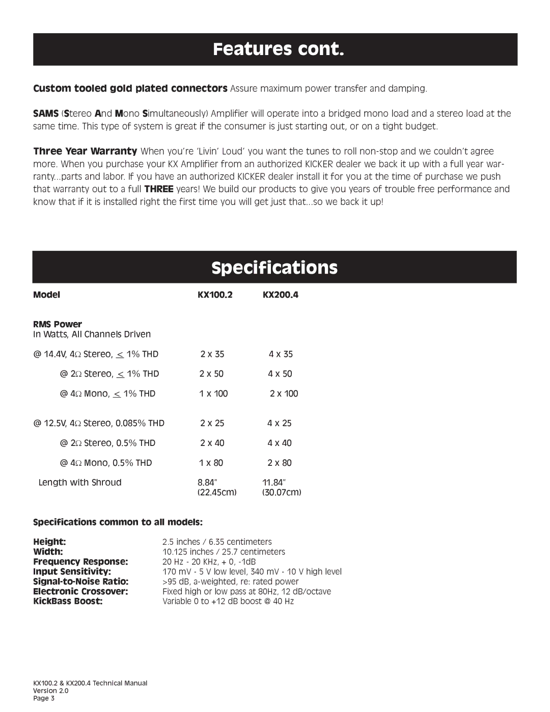 Kicker technical manual Specifications, Model KX100.2 KX200.4 RMS Power 