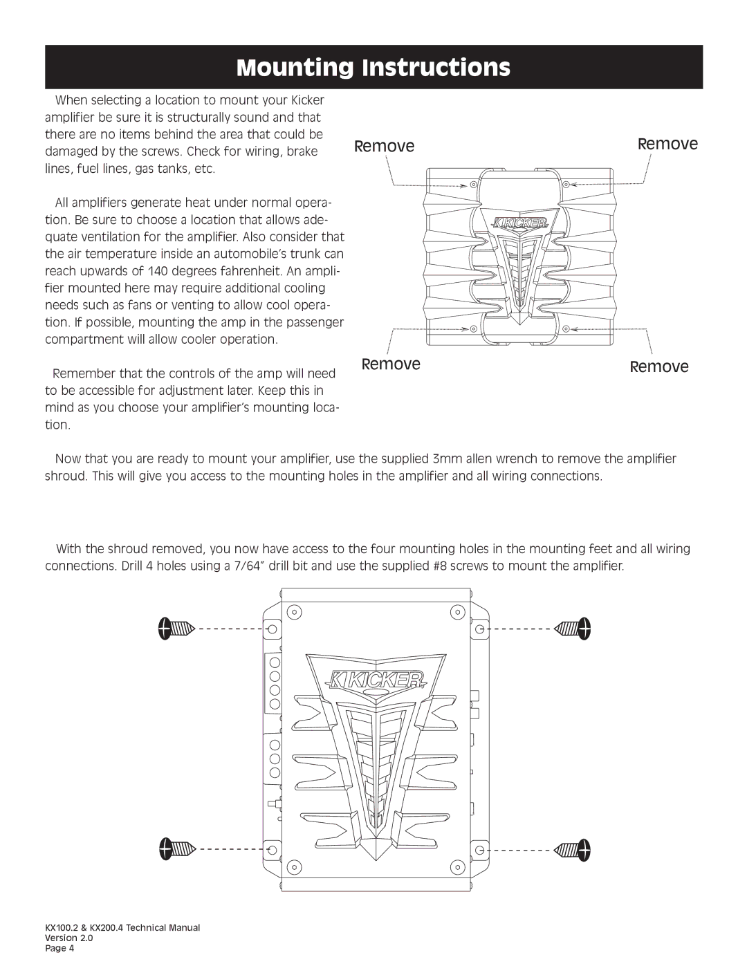 Kicker KX200.4 technical manual Mounting Instructions, Remove 