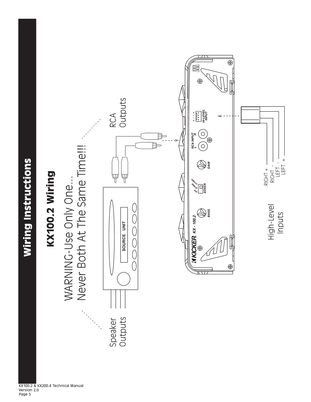 Kicker KX200.4 technical manual Wiring Instructions, KX100.2 Wiring 