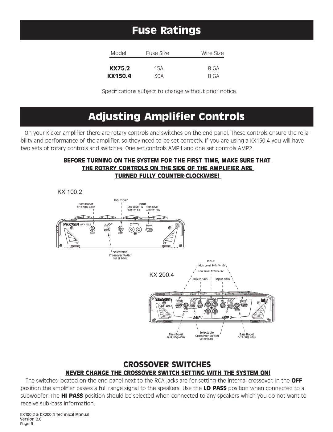 Kicker KX200.4 technical manual Fuse Ratings, Adjusting Amplifier Controls 