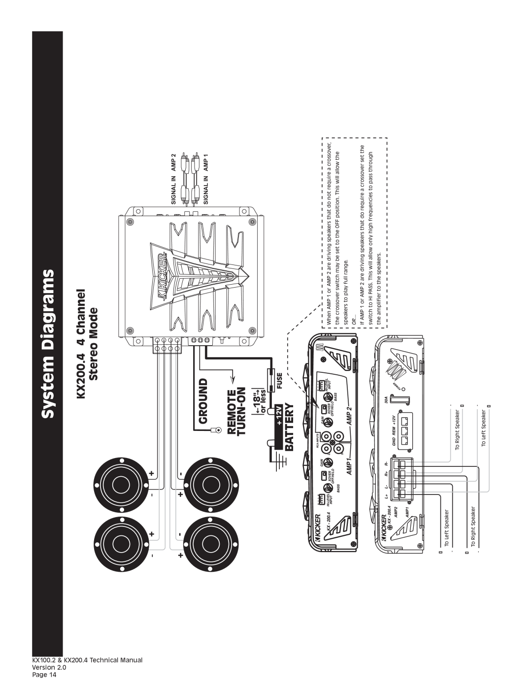 Kicker System Diagrams, KX200.4 4 Channel Stereo Mode, Ground Remote Turn-On, Battery, or less, +12V, Fuse 