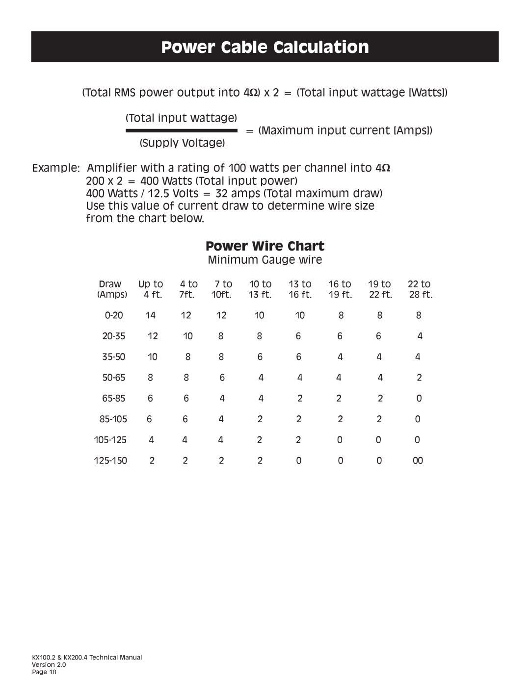 Kicker KX200.4 technical manual Power Cable Calculation, Power Wire Chart 