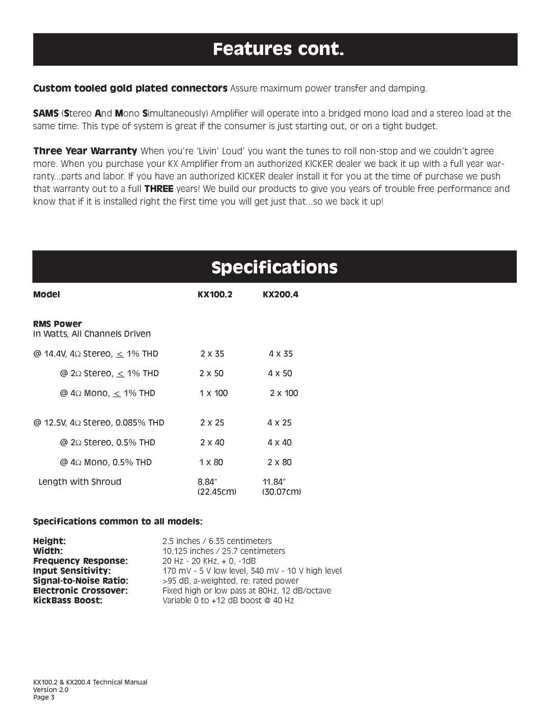 Kicker KX200.4 technical manual Features cont, Specifications 