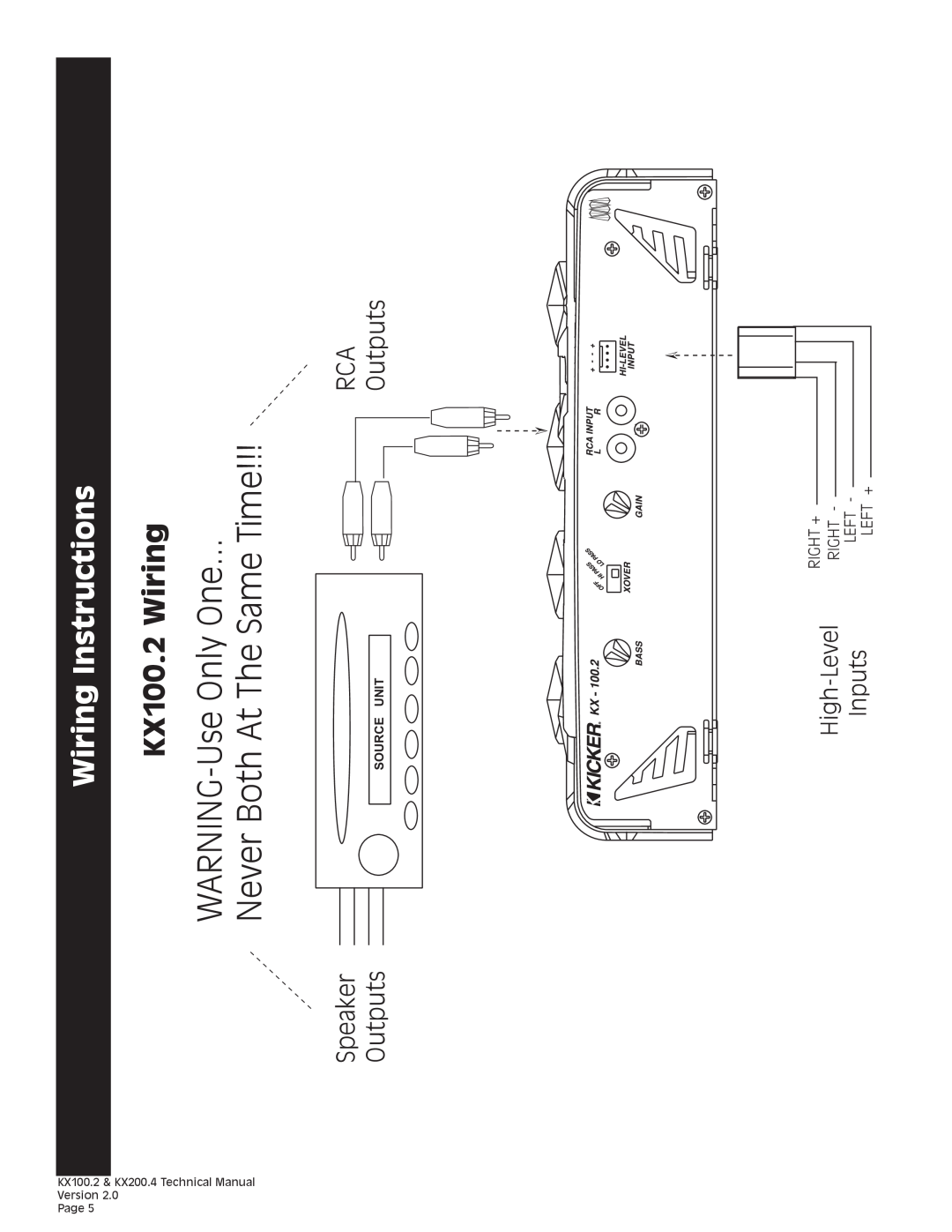 Kicker KX200.4 technical manual Wiring Instructions, KX100.2 Wiring, Outputs, Speaker, High-Level, Inputs, Source Unit 