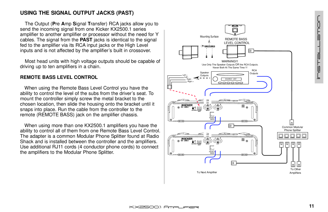 Kicker KX2500.1 manual Using the Signal Output Jacks Past, Remote Bass Level Control 