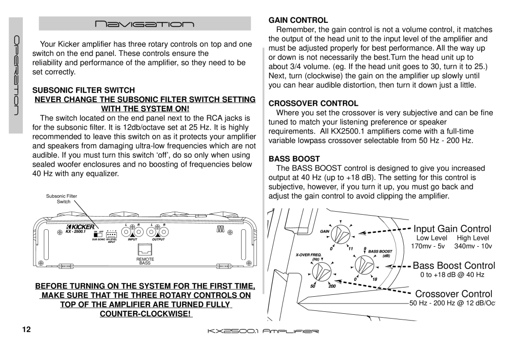 Kicker KX2500.1 manual Navigation, Crossover Control, Bass Boost 