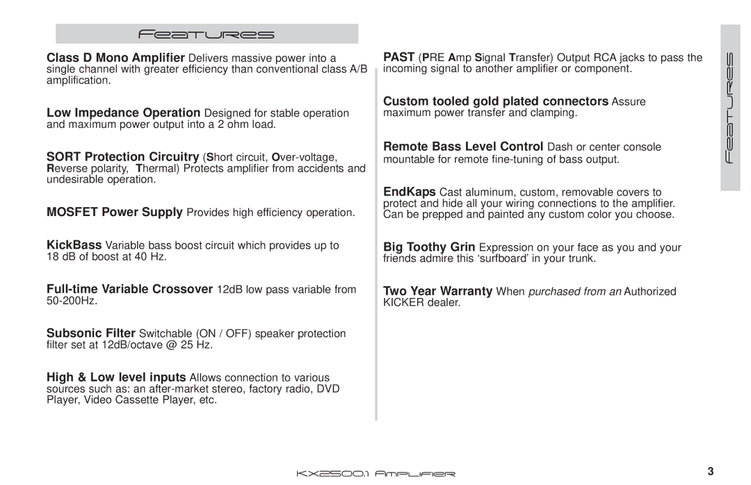 Kicker KX2500.1 manual Features, Remote Bass Level Control Dash or center console 