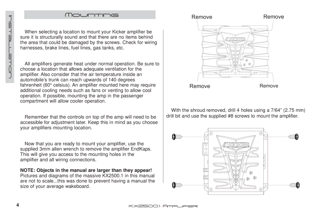 Kicker KX2500.1 manual Mounting, Remove 