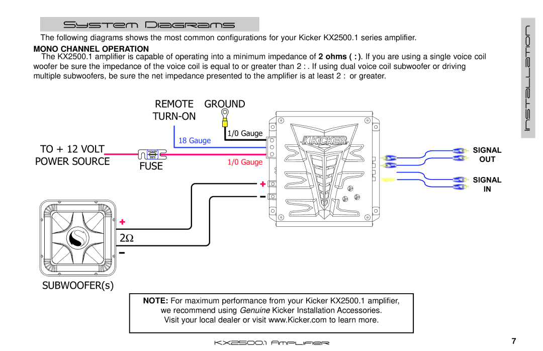 Kicker KX2500.1 manual System Diagrams, Mono Channel Operation 