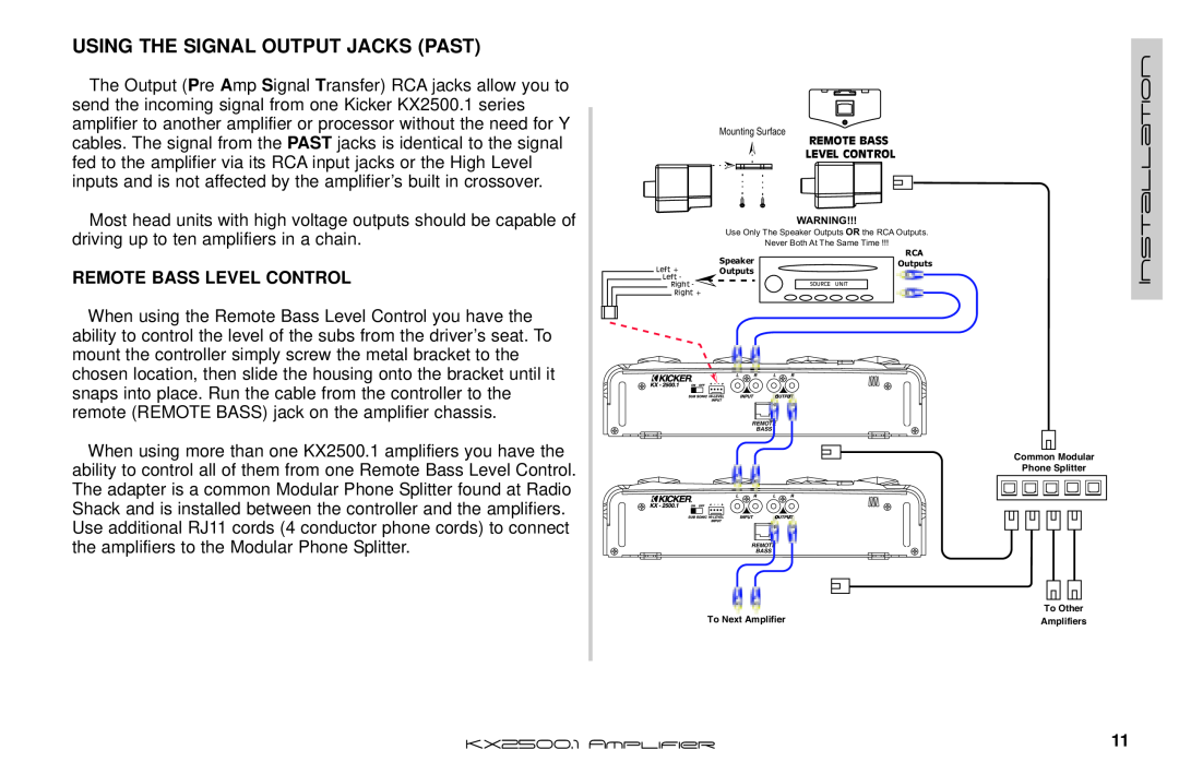 Kicker KX2500.1 manual Using The Signal Output Jacks Past, Remote Bass Level Control 