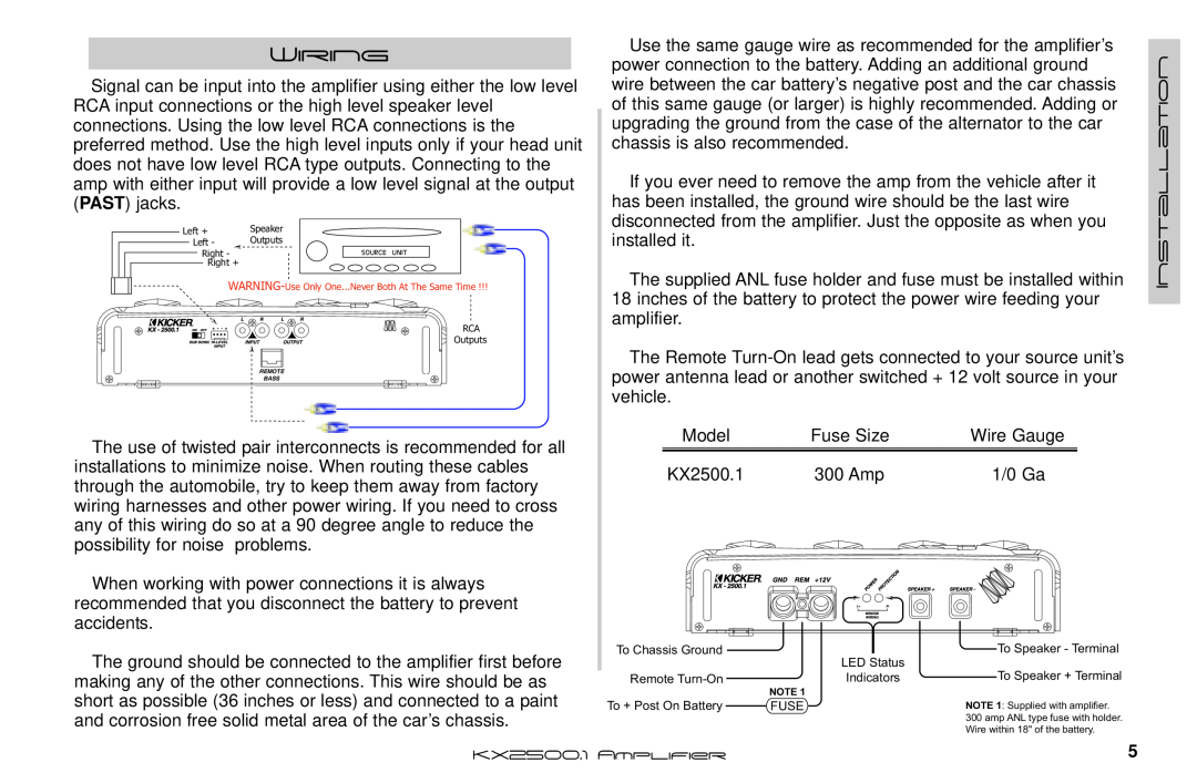 Kicker KX2500.1 manual Wiring 