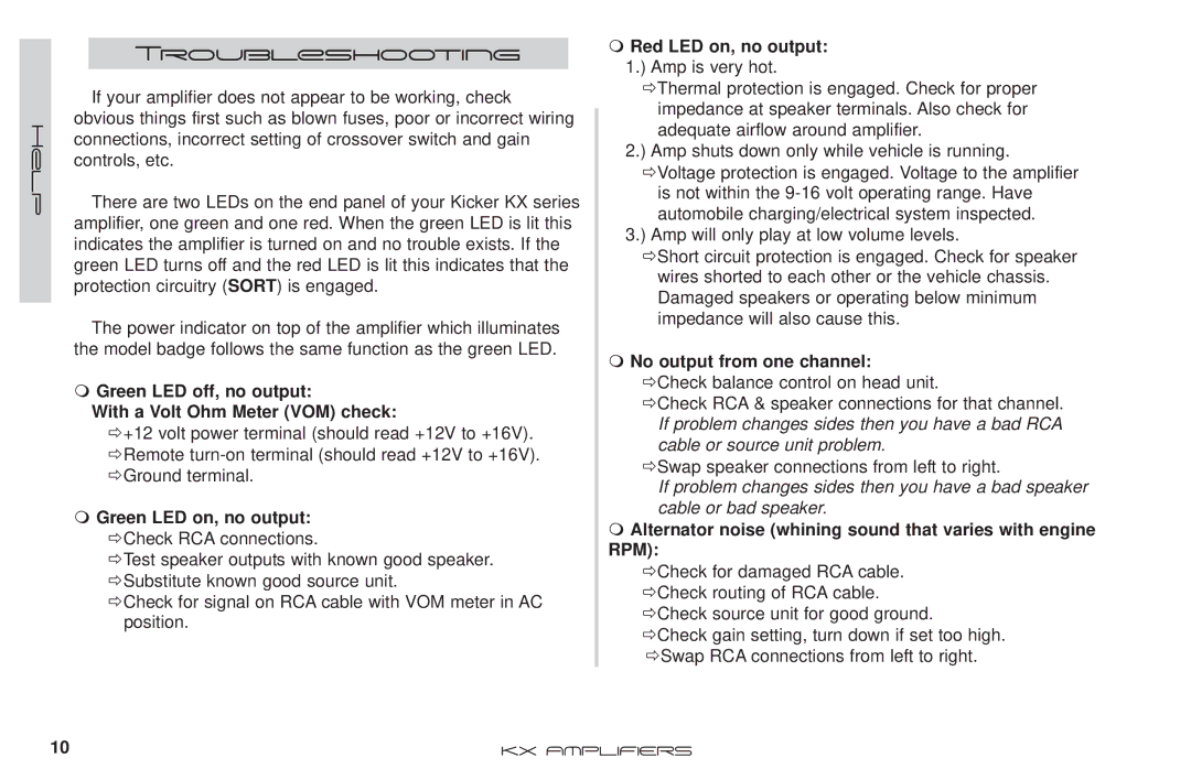 Kicker KX350.2 manual Troubleshooting 
