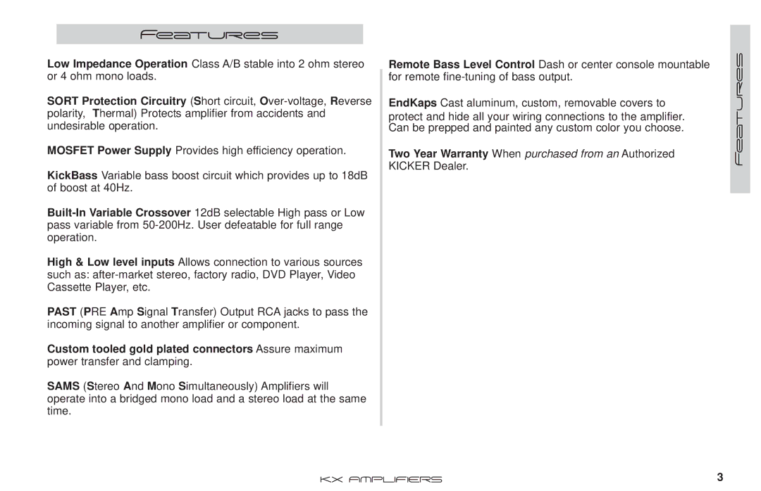 Kicker KX350.2 manual Features, Two Year Warranty When purchased from an Authorized 