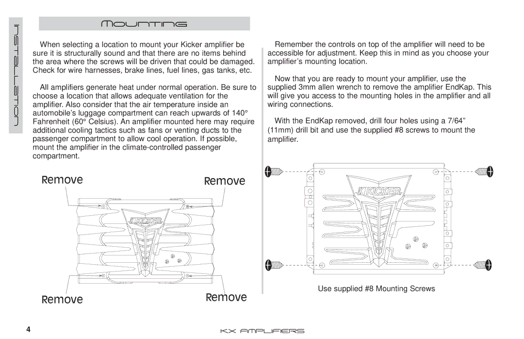 Kicker KX350.2 manual RemoveRemove, Mounting 