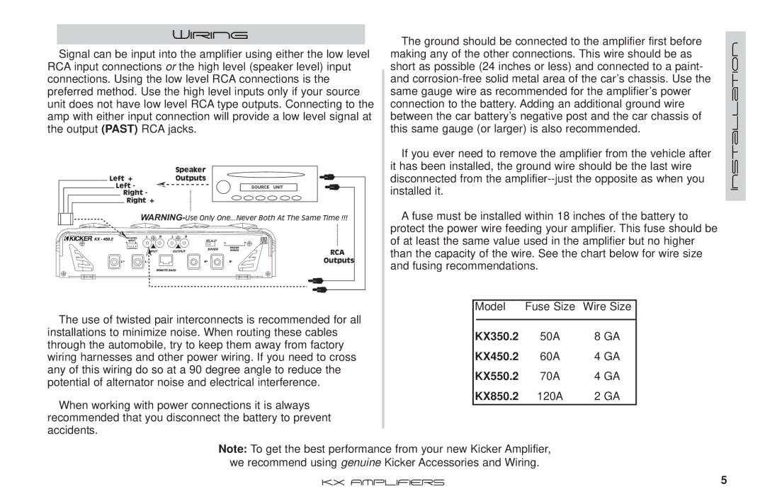 Kicker KX350.2 manual Wiring, KX450.2, KX550.2, KX850.2 