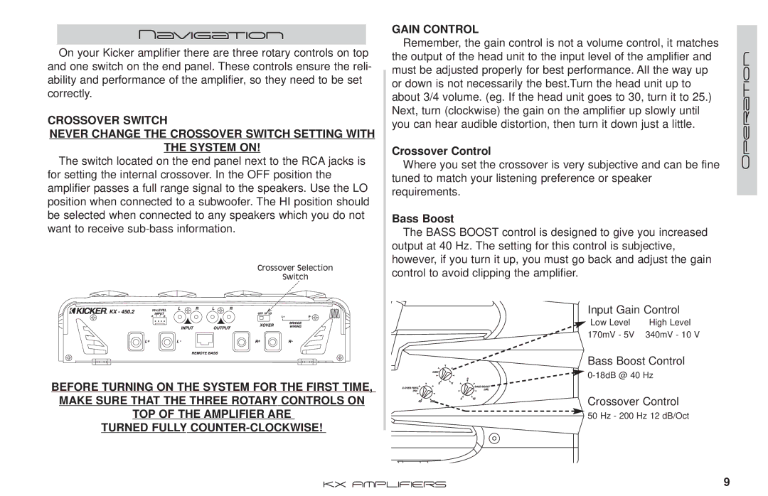 Kicker KX350.2 manual Navigation, Crossover Control, Bass Boost 