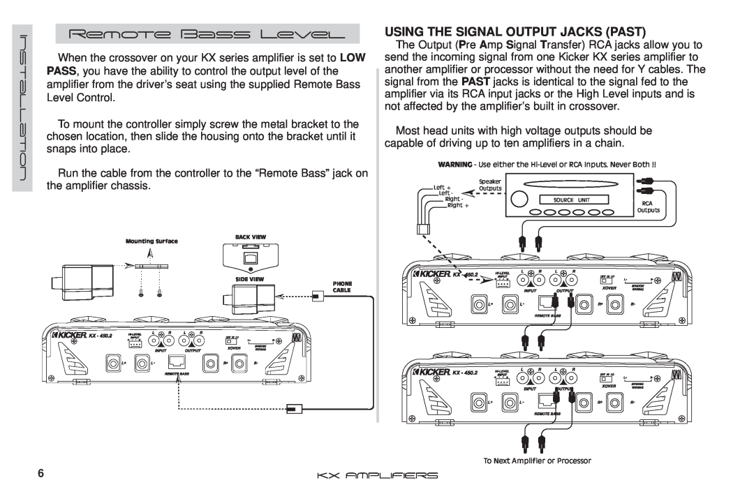 Kicker KX350.2 manual Remote Bass Level, Using The Signal Output Jacks Past 