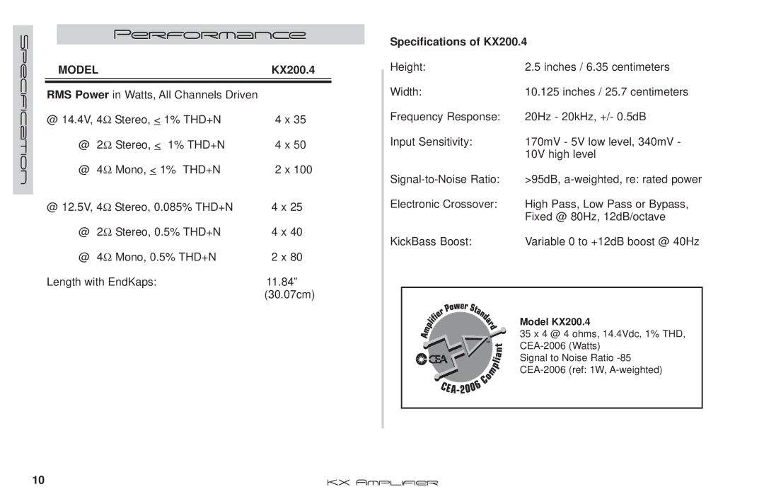 Kicker KX.4 Series manual Performance, Model, Specifications of KX200.4 