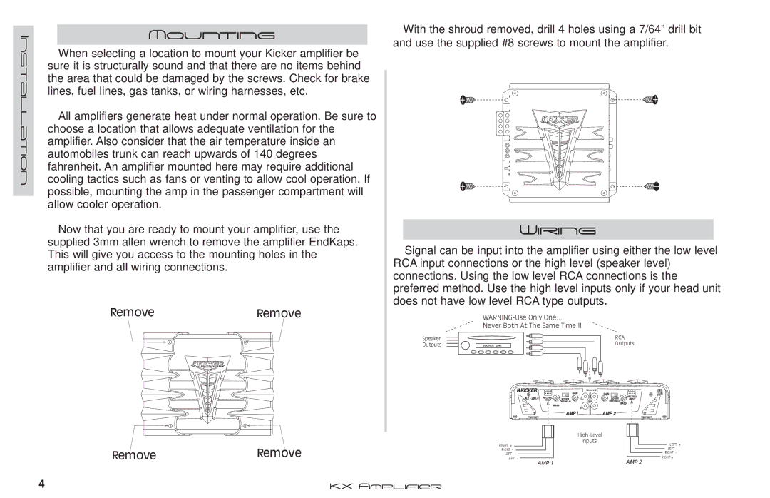 Kicker KX.4 Series manual Mounting, Wiring 