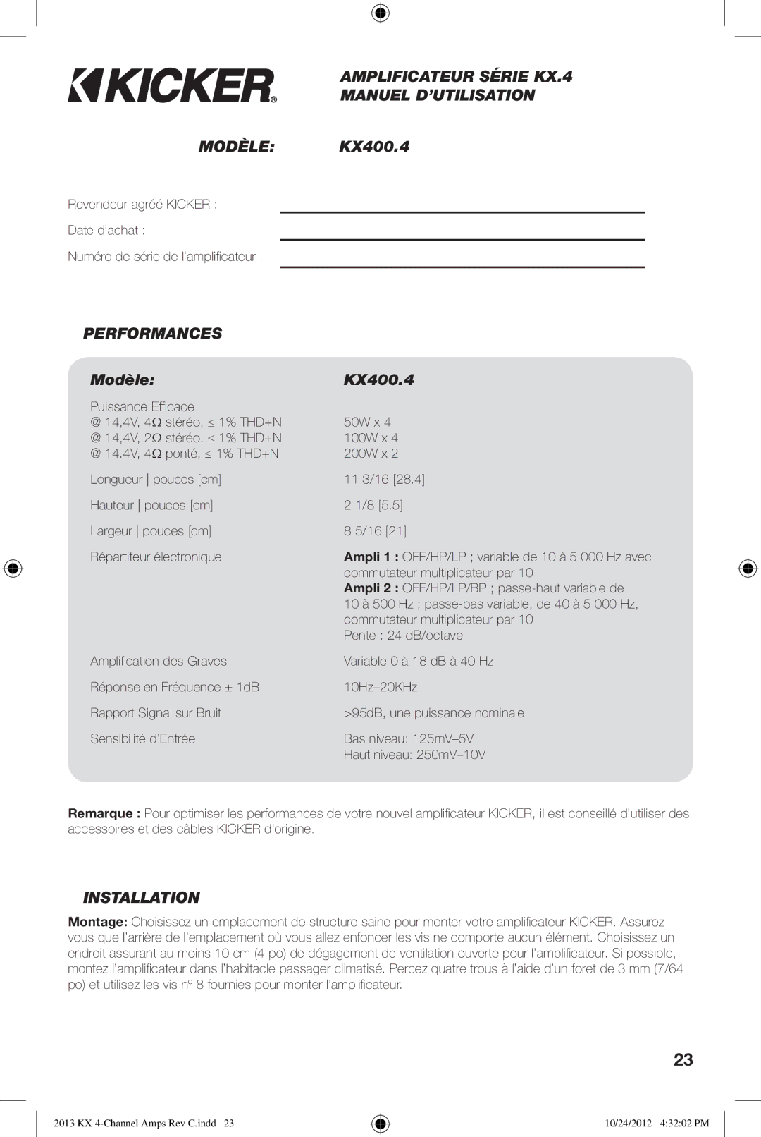Kicker owner manual Amplificateur Série KX.4, Manuel D’UTILISATION, Performances, Modèle KX400.4 