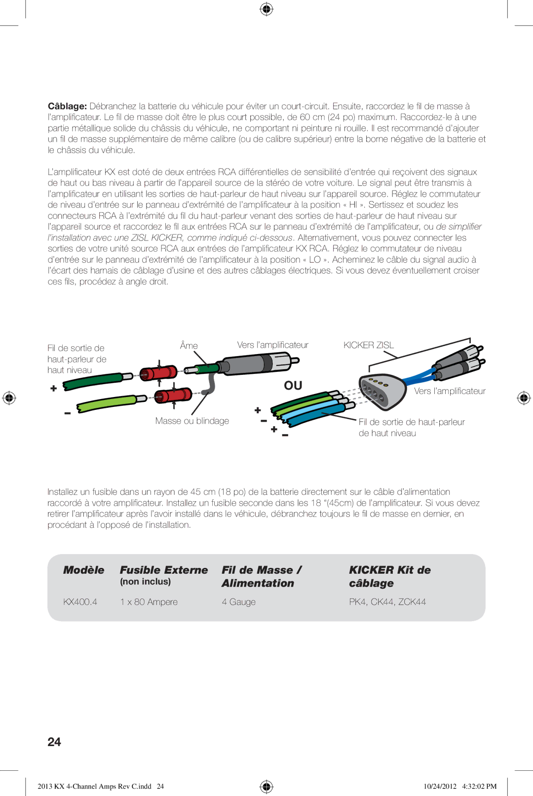 Kicker KX400.4 owner manual Modèle Fusible Externe Fil de Masse Kicker Kit de, Alimentation Câblage 