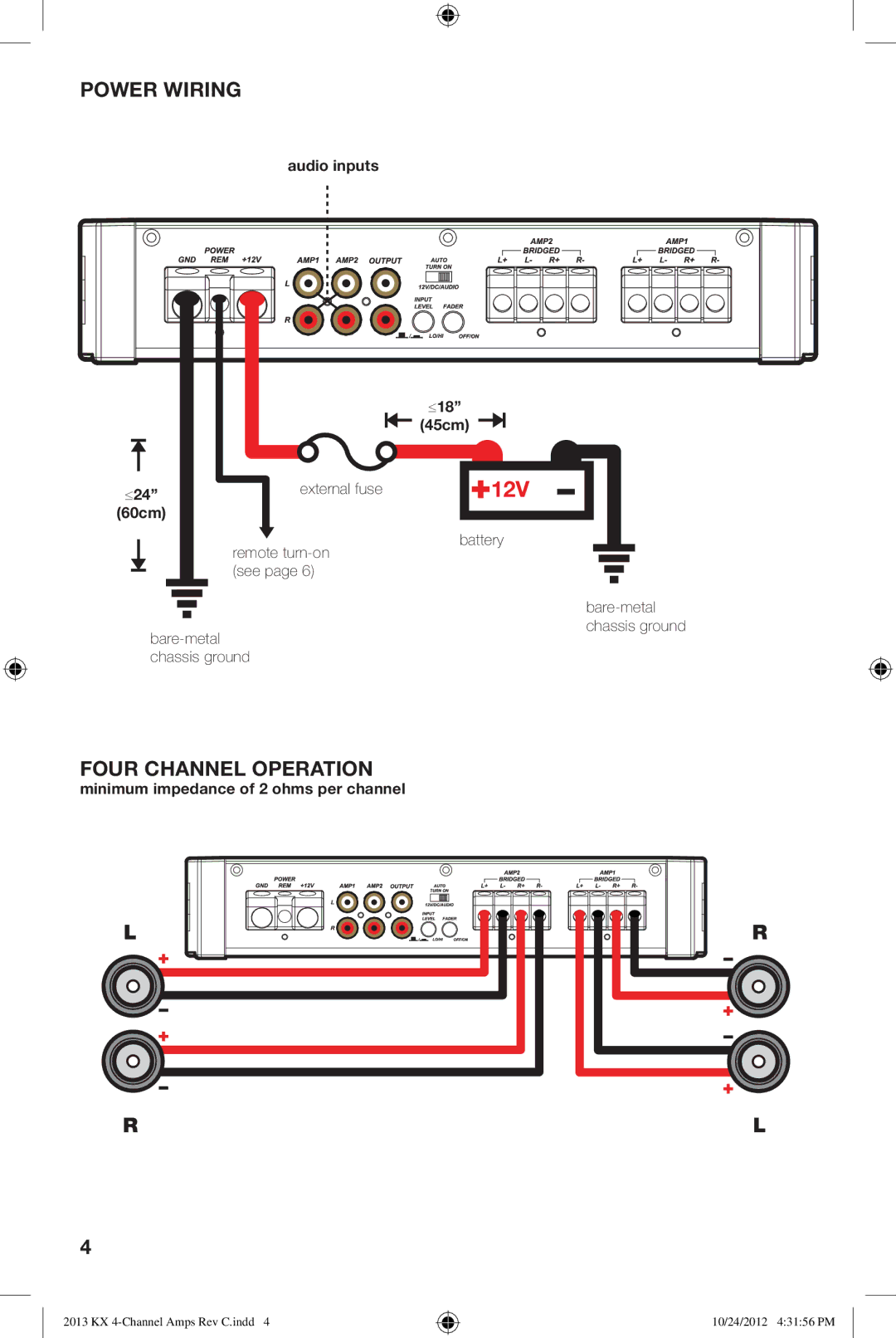 Kicker KX400.4 owner manual Power Wiring, Four Channel Operation 