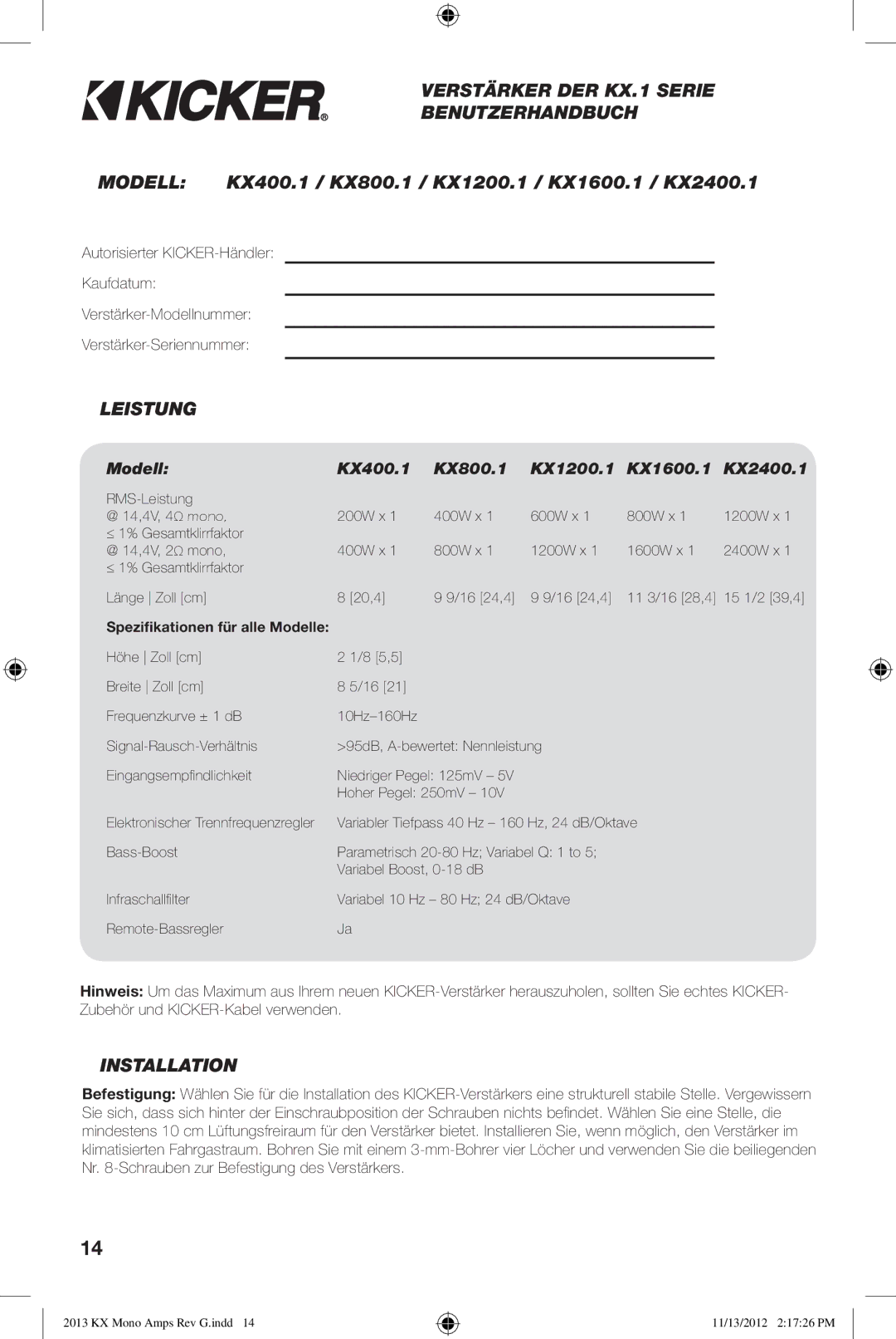 Kicker KX1600.1, KX800.1, KX1200.1, KX2400.1 owner manual Verstärker DER KX.1 Serie Benutzerhandbuch Modell, Leistung 