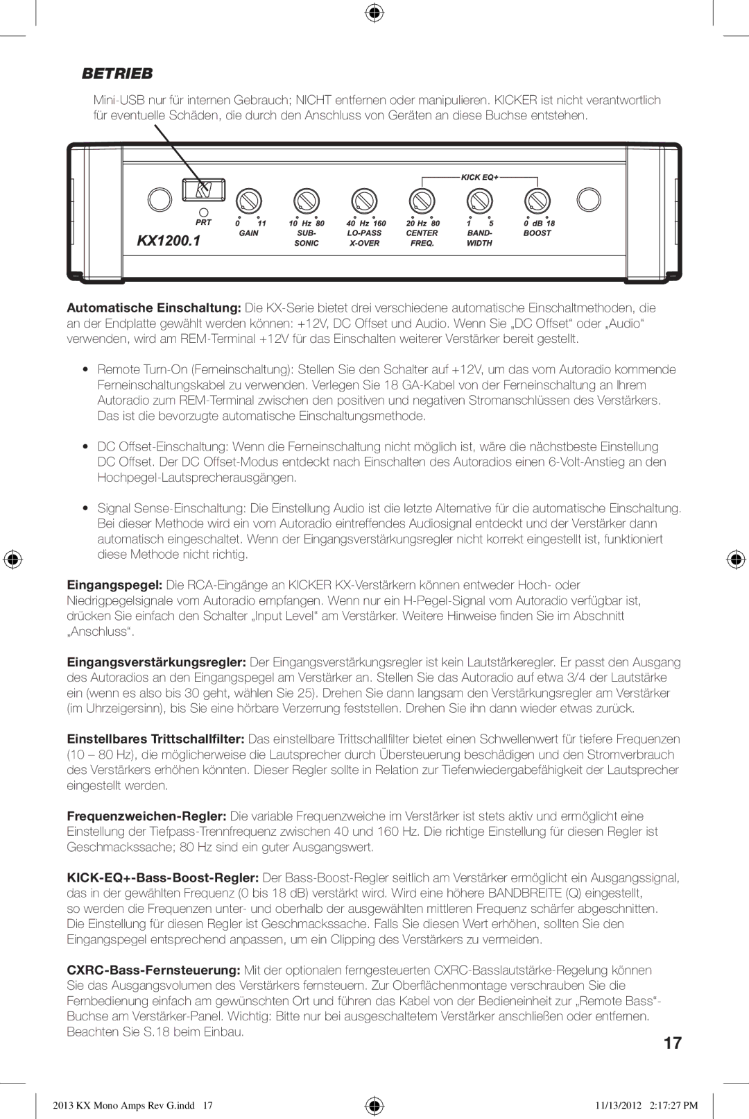 Kicker KX1200.1, KX800.1, KX1600.1, KX2400.1 owner manual Betrieb 