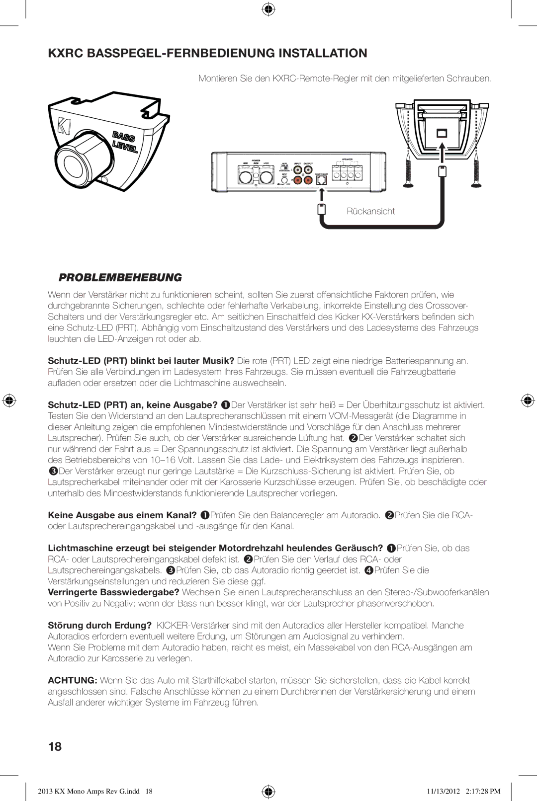 Kicker KX1600.1, KX800.1, KX1200.1, KX2400.1 owner manual Kxrc BASSPEGEL-FERNBEDIENUNG Installation, Problembehebung 