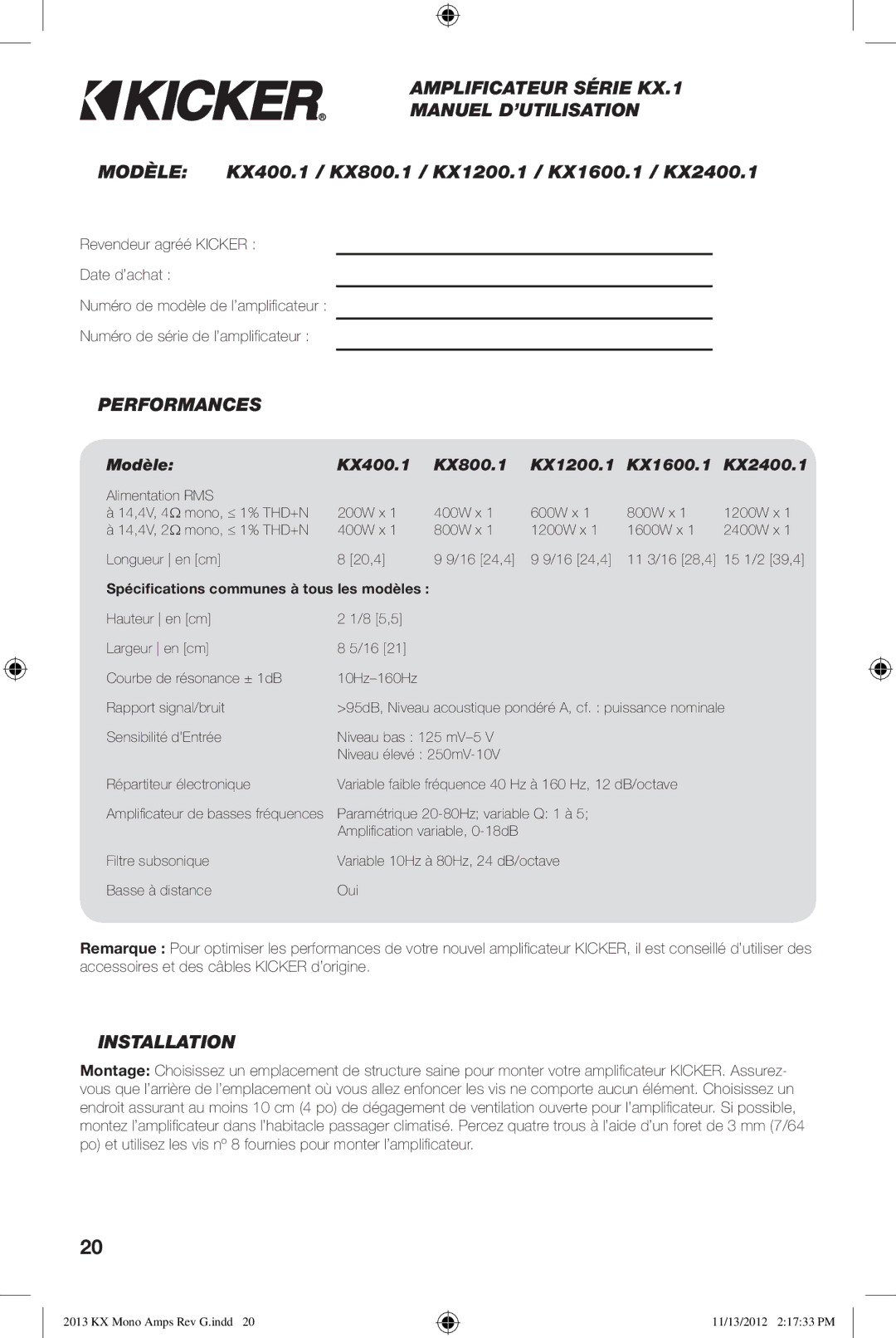 Kicker KX800.1, KX1200.1, KX1600.1, KX2400.1 owner manual Amplificateur Série KX.1 Manuel D’UTILISATION Modèle, Performances 