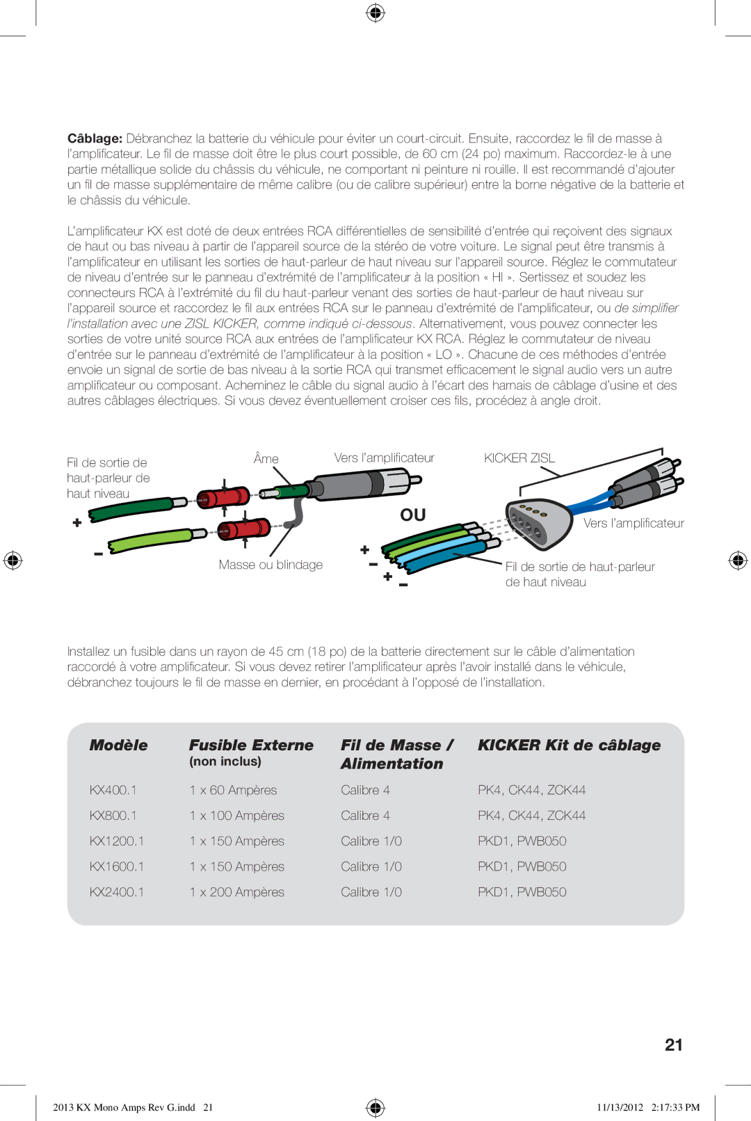 Kicker KX1200.1, KX800.1, KX1600.1, KX2400.1 owner manual Masse ou blindage Vers l’ampliﬁ cateur, Non inclus 