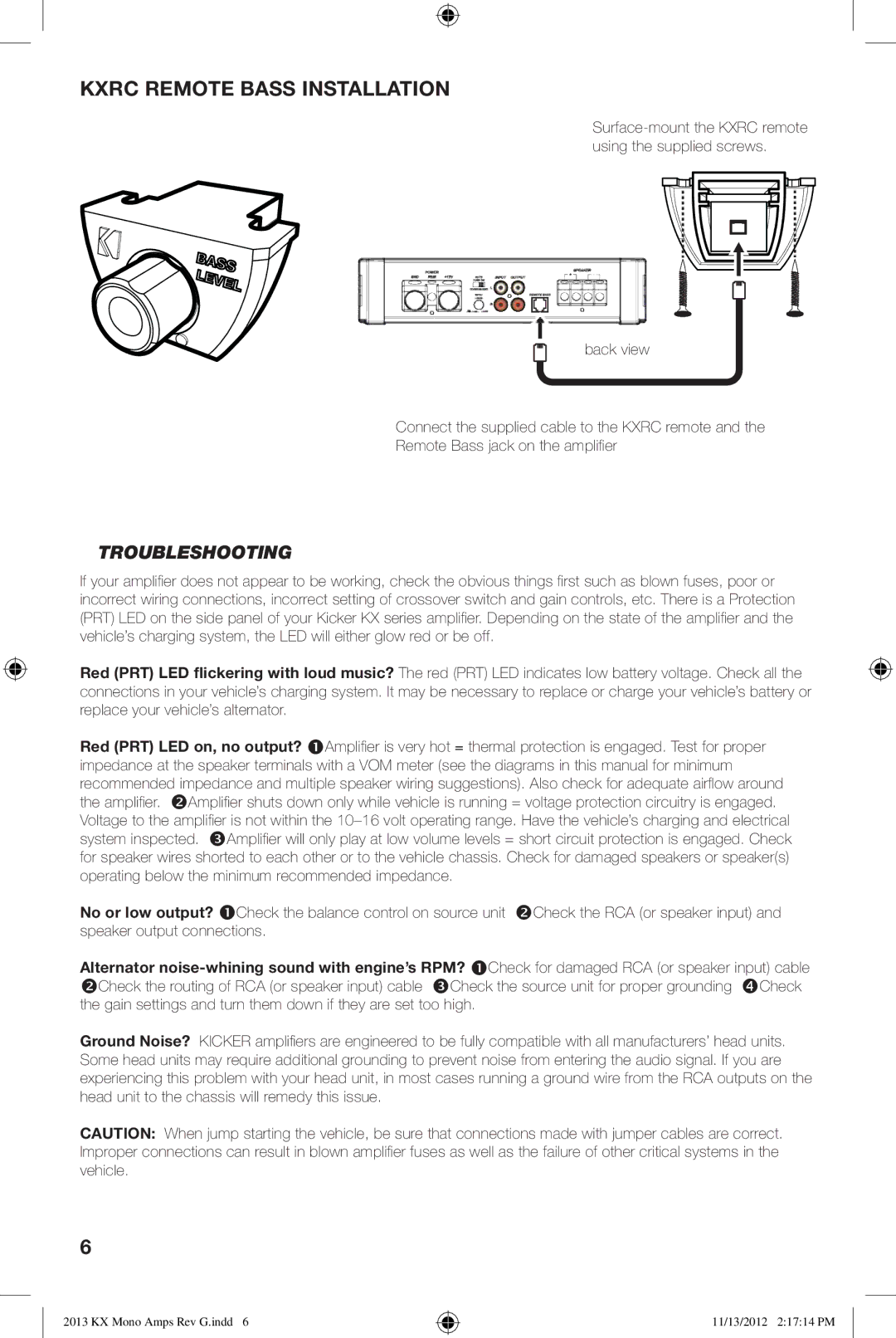 Kicker KX1600.1, KX800.1, KX1200.1, KX2400.1 owner manual Kxrc Remote Bass Installation, Troubleshooting 