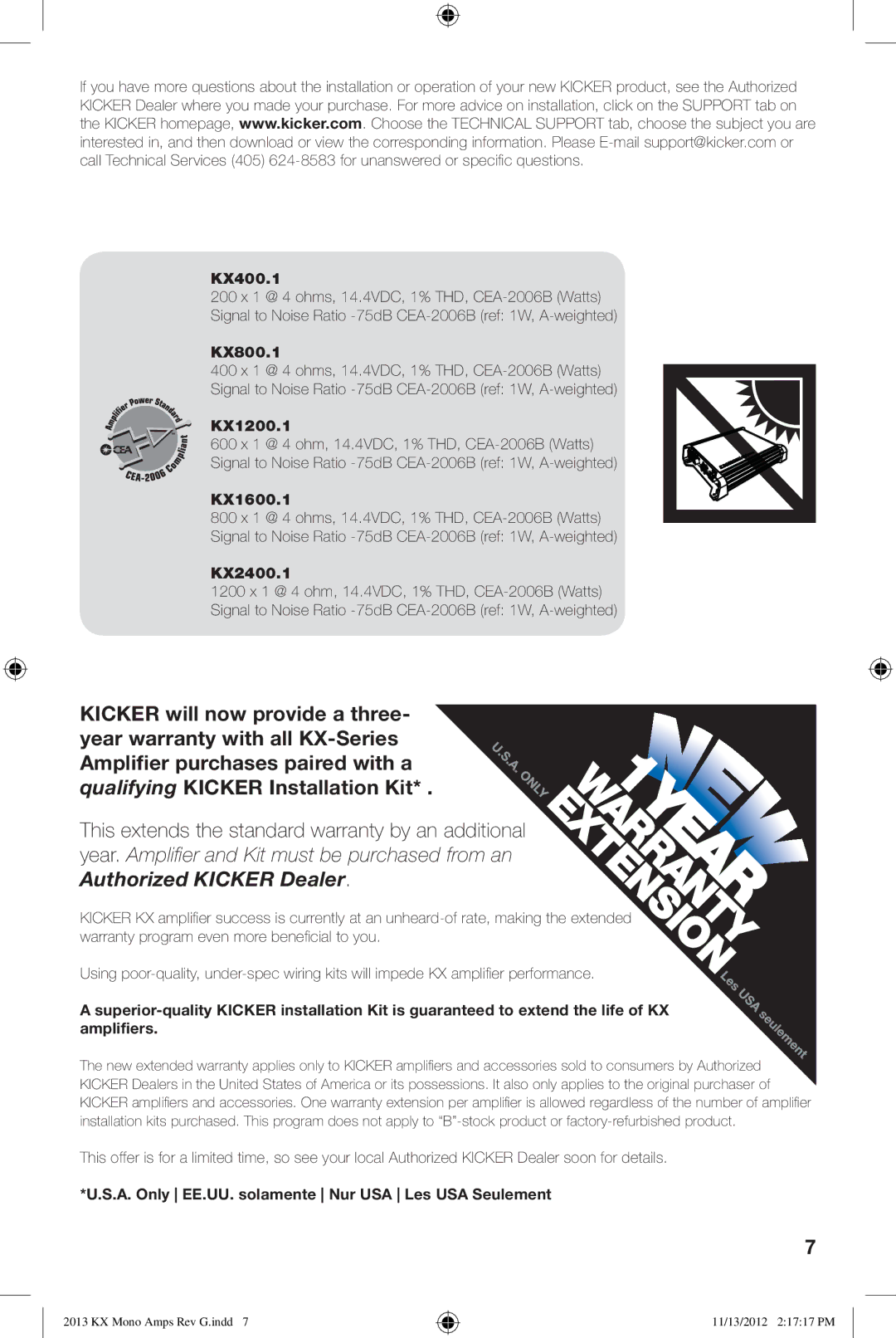 Kicker KX2400.1 owner manual KX400.1, KX800.1, KX1200.1, KX1600.1, A. Only EE.UU. solamente Nur USA Les USA Seulement 