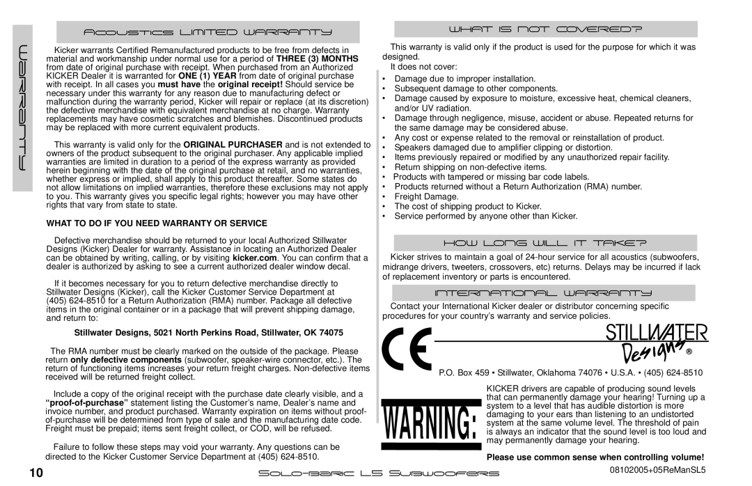 Kicker L5 manual Warranty 