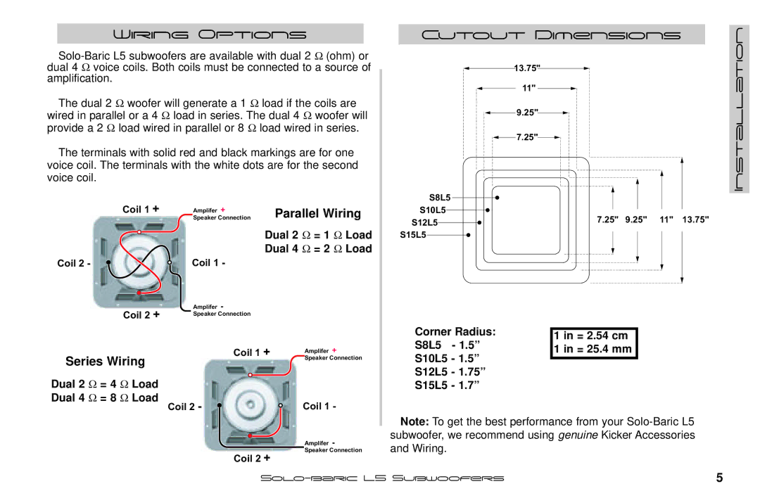 Kicker L5 manual Wiring Options, Cutout Dimensions 