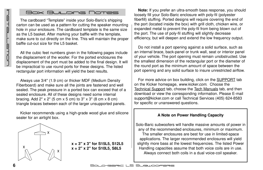 Kicker manual Box Building Notes, = 3 x 3 for S15L5, S12L5 = 2 x 2 for S10L5, S8L5 