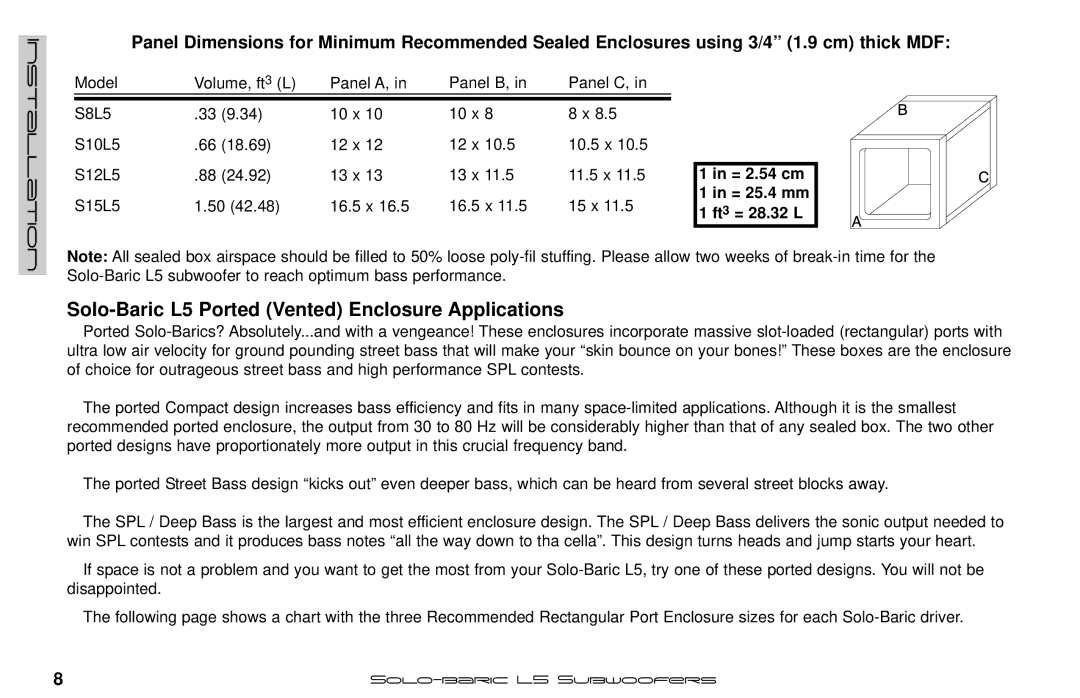 Kicker manual Solo-Baric L5 Ported Vented Enclosure Applications 