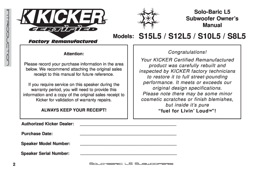 Kicker manual “fuel for Livin’ Loud”, Models S15L5 / S12L5 / S10L5 / S8L5 