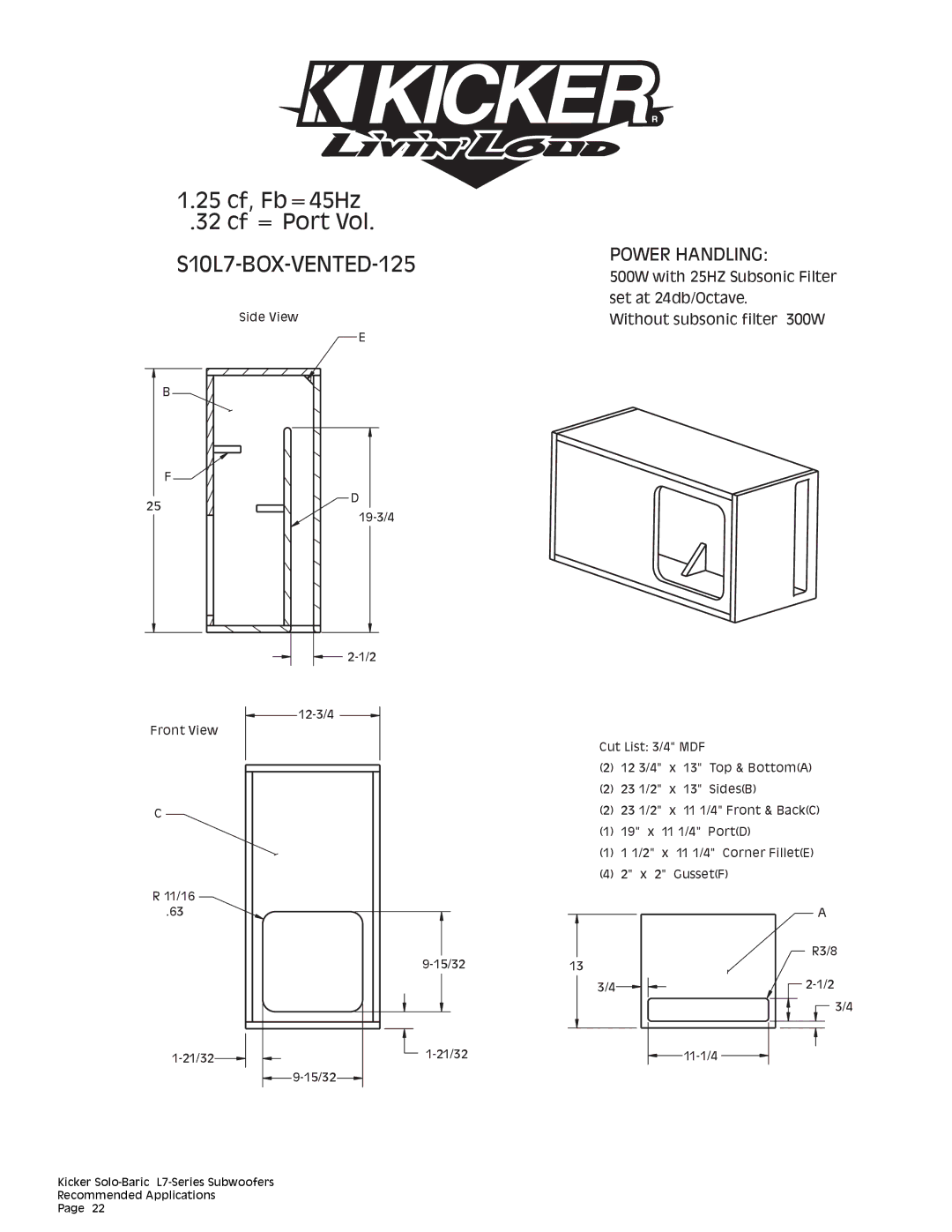 Kicker technical manual S10L7-BOX-VENTED-125 