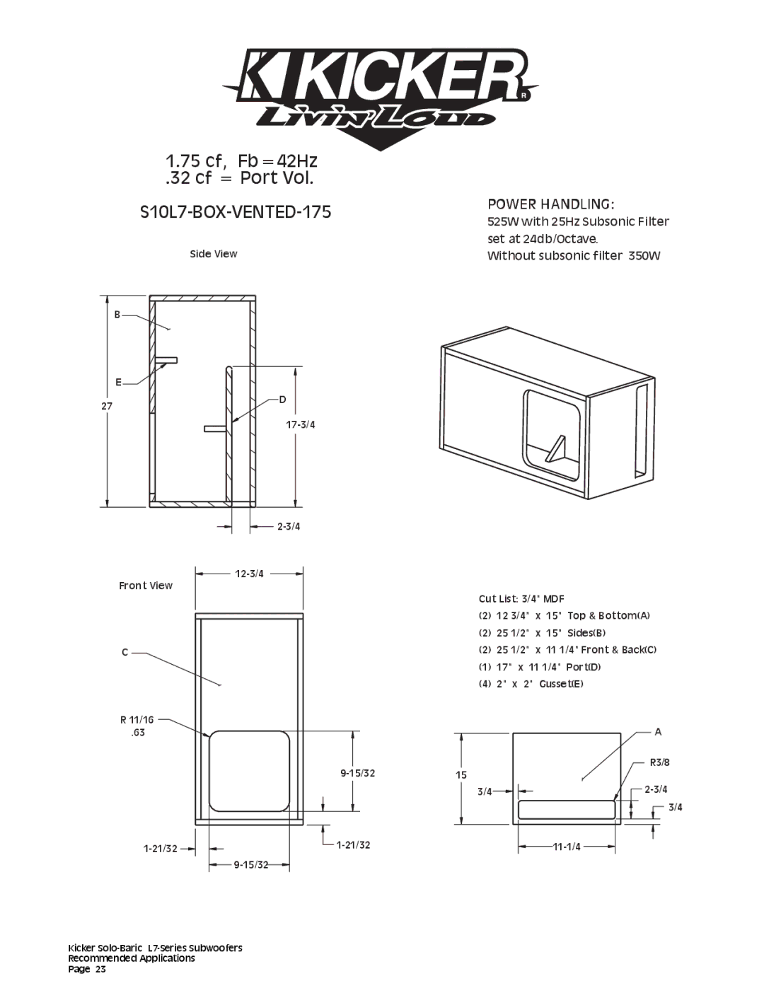 Kicker technical manual S10L7-BOX-VENTED-175 