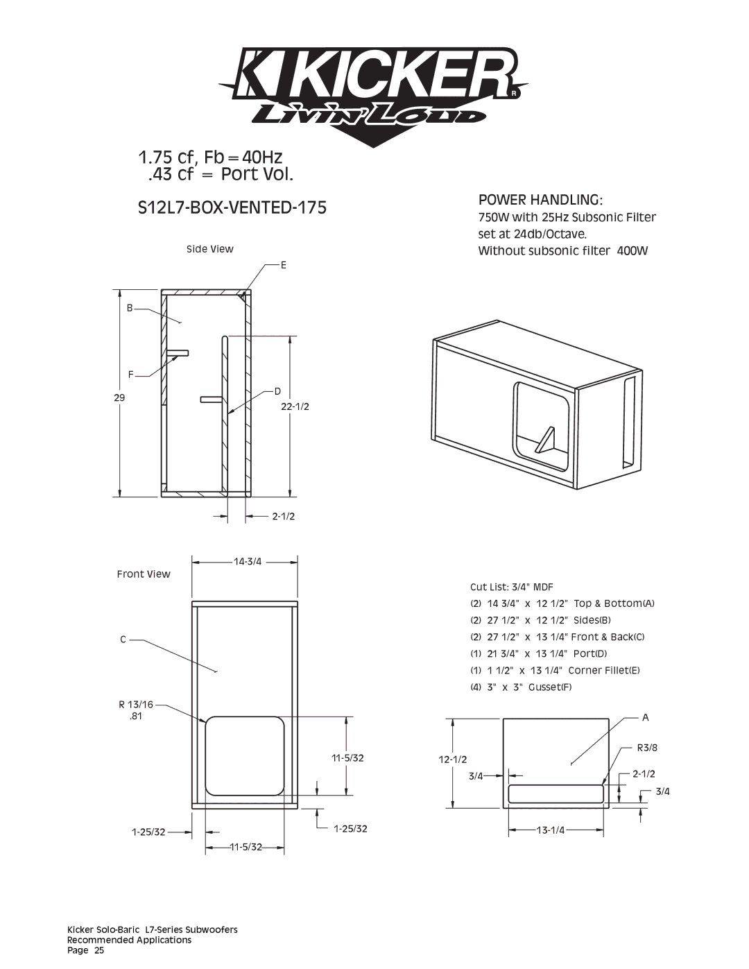 Kicker technical manual S12L7-BOX-VENTED-175 