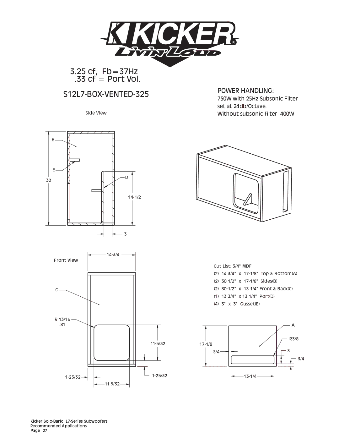 Kicker technical manual S12L7-BOX-VENTED-325 