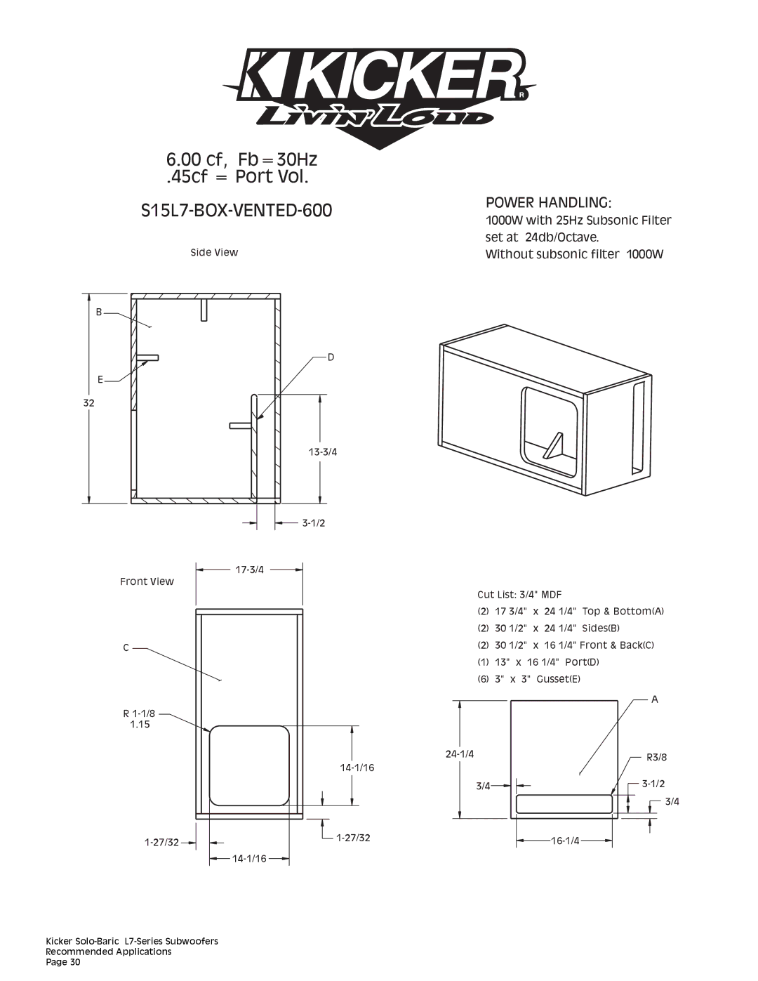 Kicker technical manual S15L7-BOX-VENTED-600 