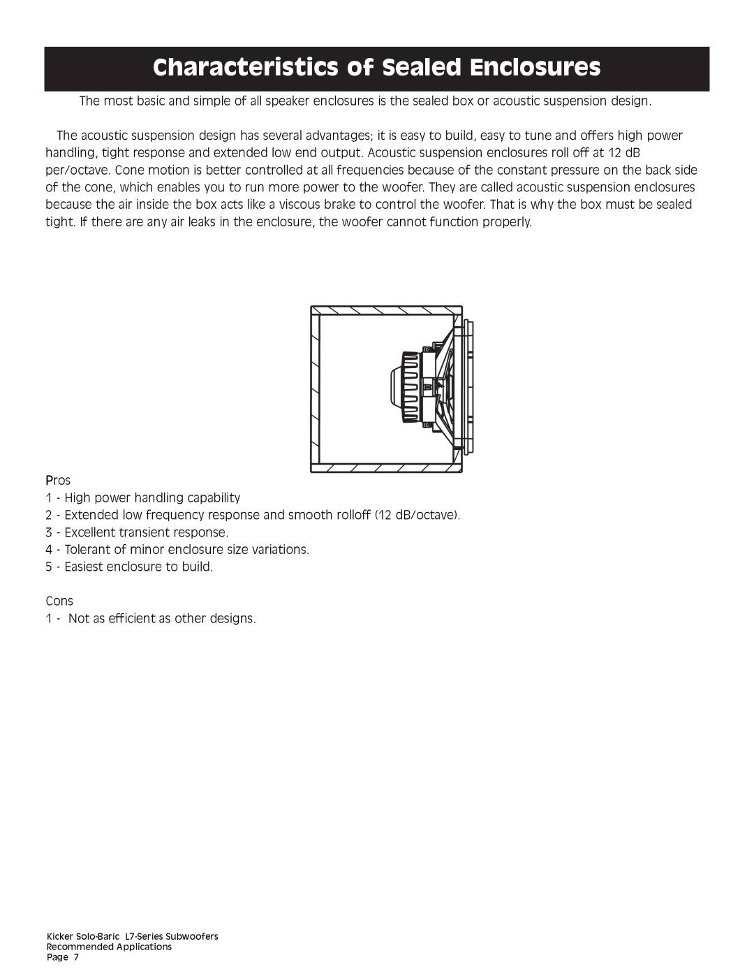 Kicker L7 technical manual Characteristics of Sealed Enclosures 