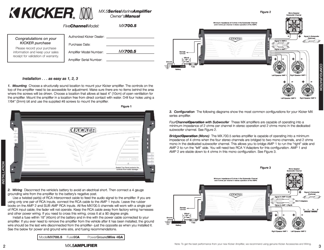 Kicker MX700.5 manual MX.5AMPLIFIER, Congratulations on your KICKER purchase, Installation . . . as easy as 1, 2, + - + 